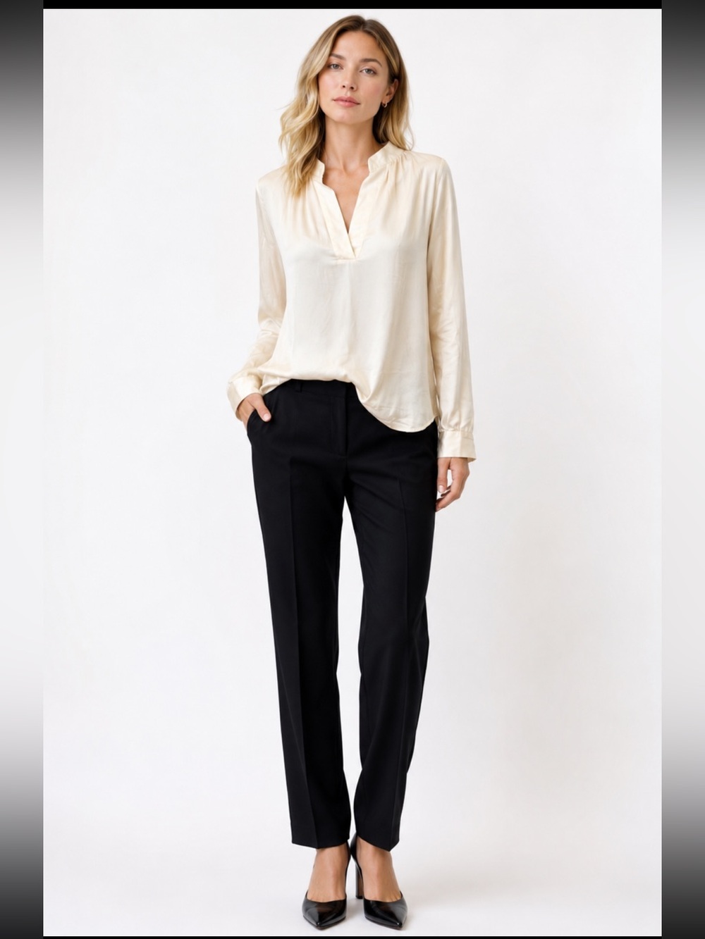 Cecile Wang France Cream Silk Blend Blouse Italy Mandarin Collar Top